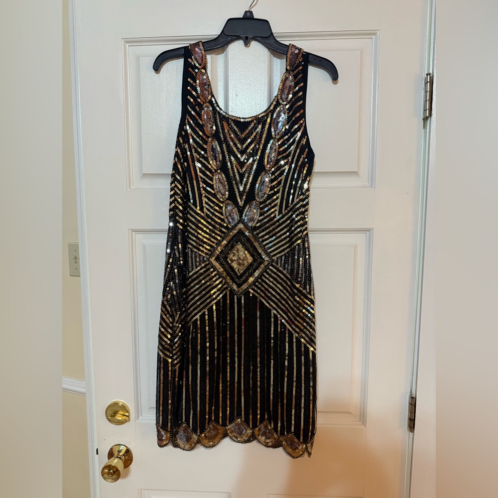 Black, Silver & Gold Sequin Flapper Dress